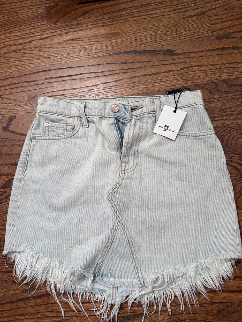 7 For All Mankind Light Blue Denim Mini Skirt with Frayed Hem